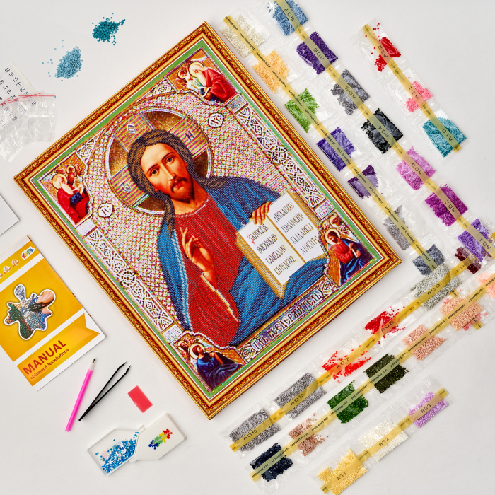 Set goblen cu diamante, cu sasiu, Icoana - Isus Hristos 40x50 cm [3]