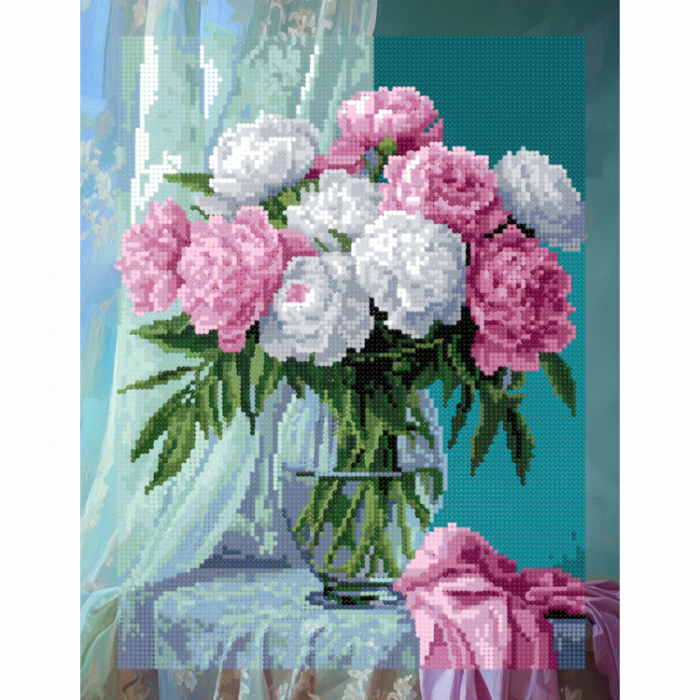 Set goblen cu diamante, cu sasiu, Buchet de bujori, 40x50 cm [2]