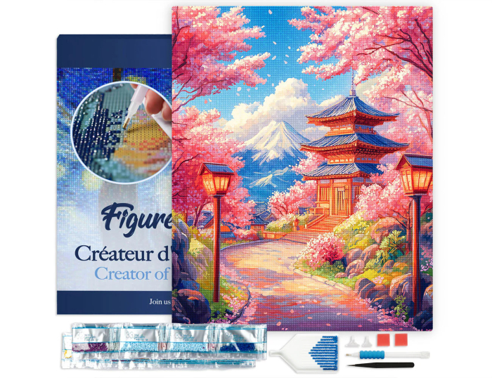 Set goblen cu diamante, cu sasiu, Drum de cirese si flori spre pagoda, 40x50 cm [3]