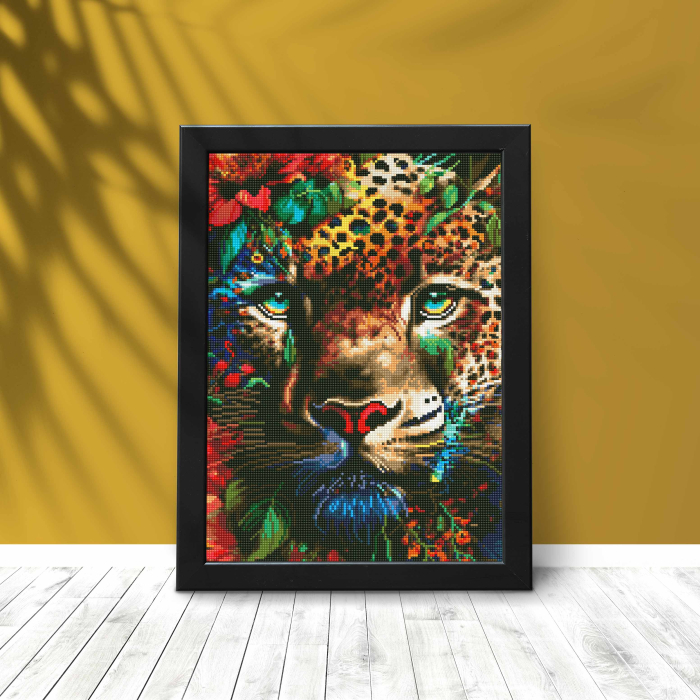 Set goblen cu diamante , cu sasiu, Jaguar in flori, 40x50 cm [3]