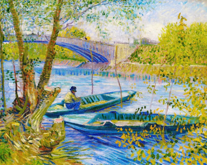 Set goblen cu diamante, cu sasiu, Primavara la pescuit - van Gogh, 40x50 cm [1]
