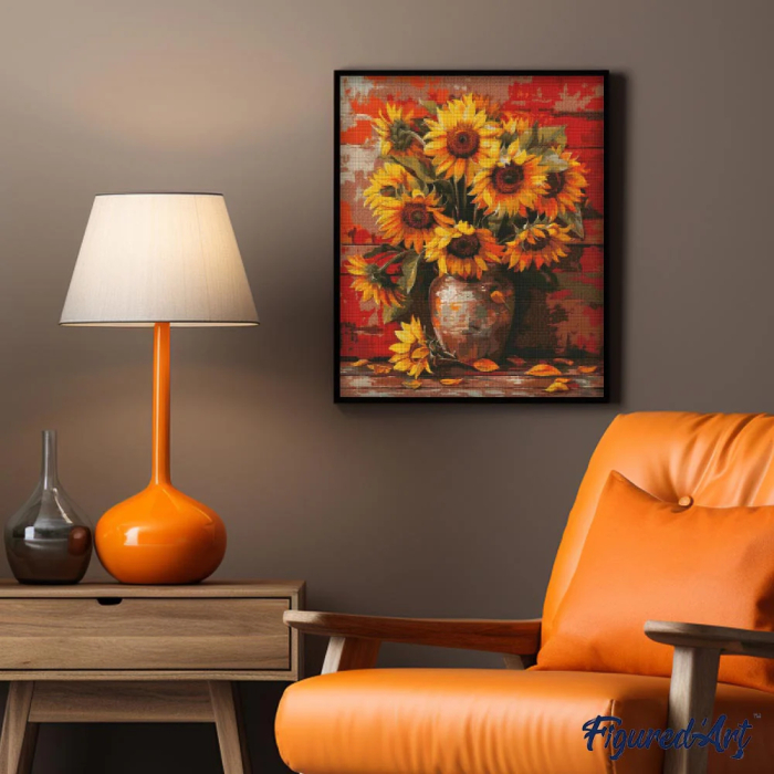 Set goblen cu diamante, cu sasiu, Vaza cu floarea soarelui toamna, 40x50 cm [3]