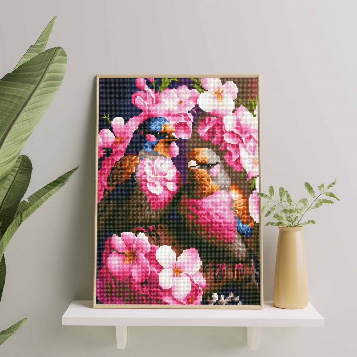 Set goblen cu diamante, cu sasiu, Pasari si flori roz, 40x50 cm [4]