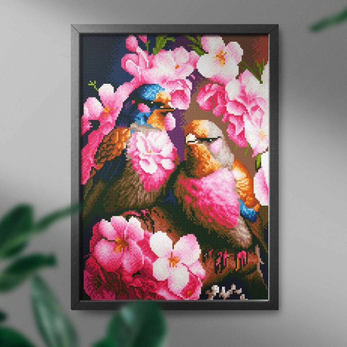 Set goblen cu diamante, cu sasiu, Pasari si flori roz, 40x50 cm [3]
