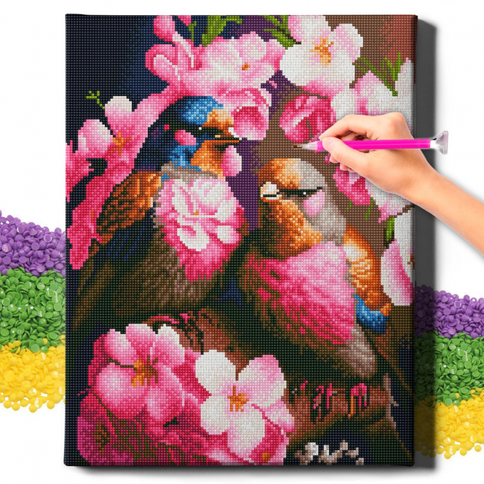 Set goblen cu diamante, cu sasiu, Pasari si flori roz, 40x50 cm [2]