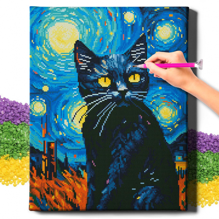 Set goblen cu diamante, cu sasiu, Pisica neagra si stelele, 40x50 cm [2]