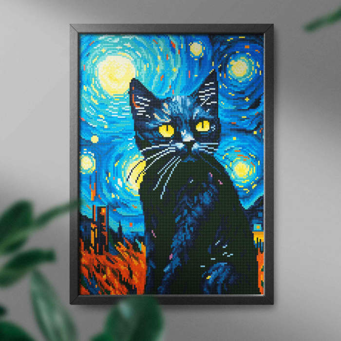Set goblen cu diamante, cu sasiu, Pisica neagra si stelele, 40x50 cm [3]
