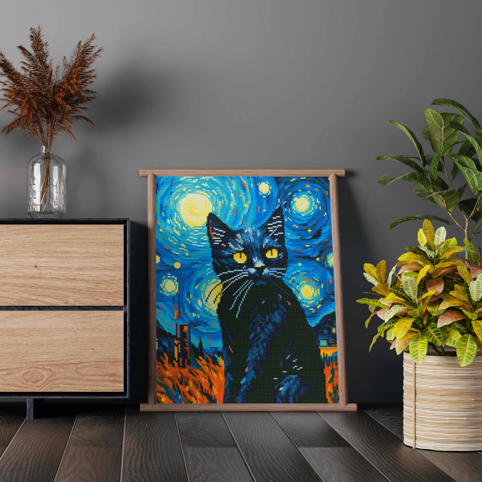 Set goblen cu diamante, cu sasiu, Pisica neagra si stelele, 40x50 cm [4]