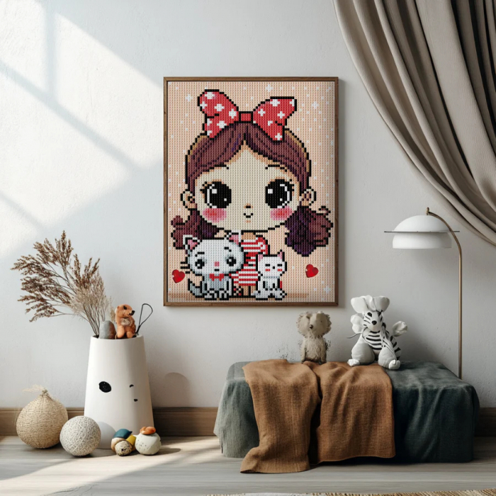Set goblen cu diamante, cu sasiu, Fetita cu pisici, 20x30 cm [2]