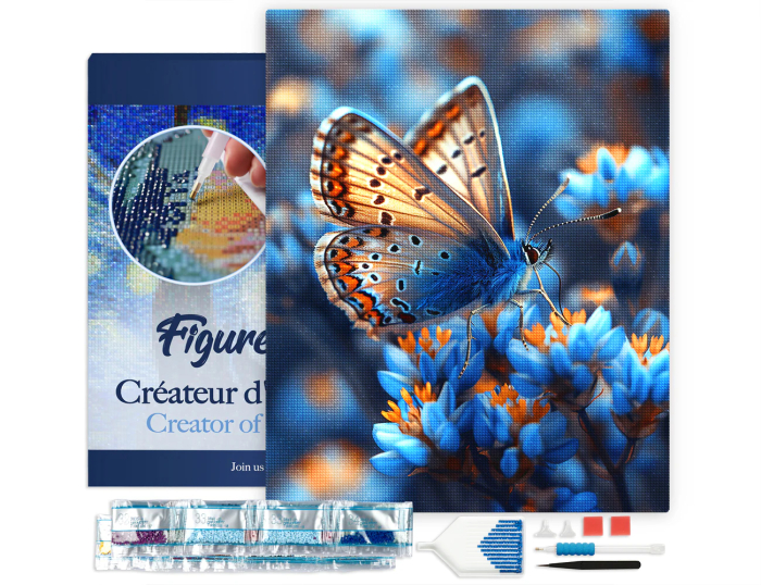 Set goblen cu diamante, cu sasiu, Fluture si flori albastre, 40x50 cm [2]