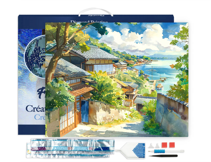 Set goblen cu diamante, cu sasiu, Oras de coasta in Japonia, 40x50 cm [2]