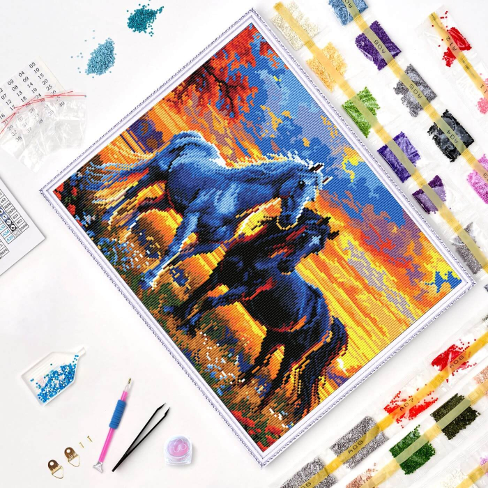 Set goblen cu diamante, cu sasiu, Armasari la apus, 40x50 cm [4]