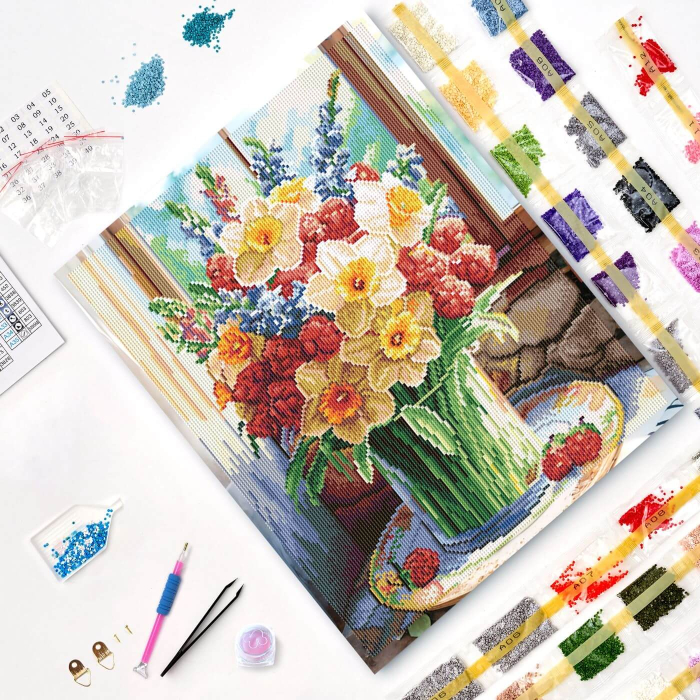 Set goblen cu diamante, cu sasiu, Vara intr-o vaza, 40x50 cm [3]