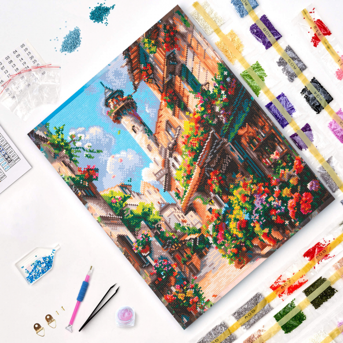 Set goblen cu diamante, cu sasiu, Strada infloritoare, 40x50 cm [3]