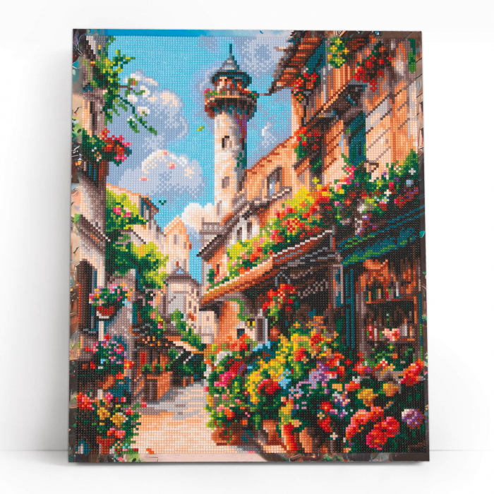 Set goblen cu diamante, cu sasiu, Strada infloritoare, 40x50 cm [2]