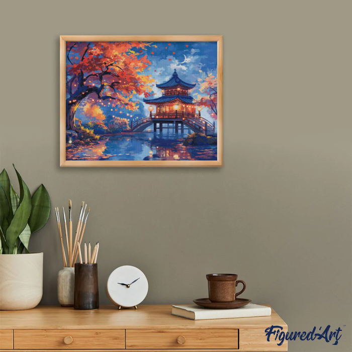 Set goblen cu diamante, cu sasiu, Pagoda in noaptea de toamna, 40x50 cm [3]