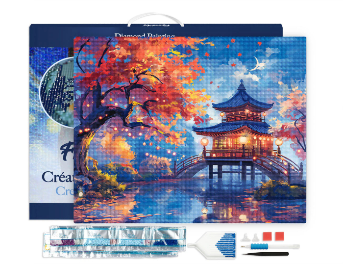 Set goblen cu diamante, cu sasiu, Pagoda in noaptea de toamna, 40x50 cm [2]