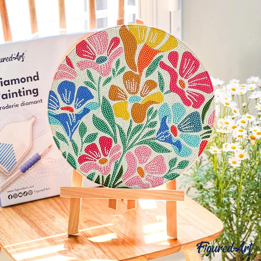 Set goblen cu diamante rotund, pe lemn, Motive florale, Ø30cm [5]