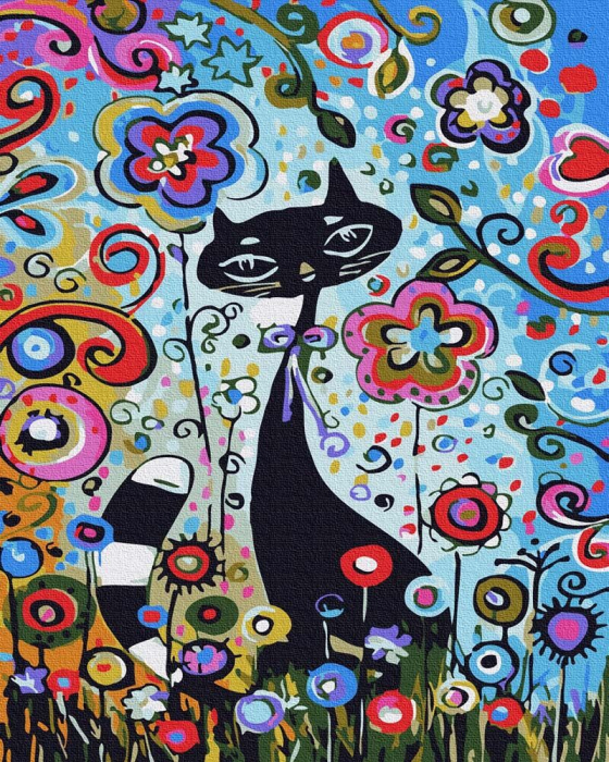 Set pictura pe numere, cu sasiu, Pisica in flori, 40x50 cm [1]
