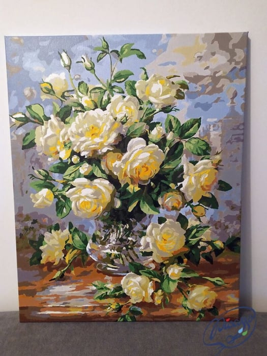 Set pictura pe numere, cu sasiu, Buchet de trandafiri albi, 40x50 cm [3]