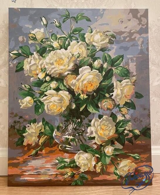 Set pictura pe numere, cu sasiu, Buchet de trandafiri albi, 40x50 cm [4]