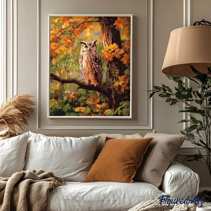 Set pictura pe numere, cu sasiu, Bufnita printre frunze ruginii, 40x50 cm [3]
