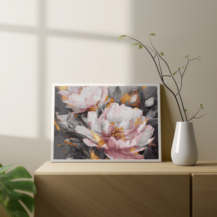 Set pictura pe numere, cu sasiu, Bujori albi - culori aurii, 40x50 cm [4]