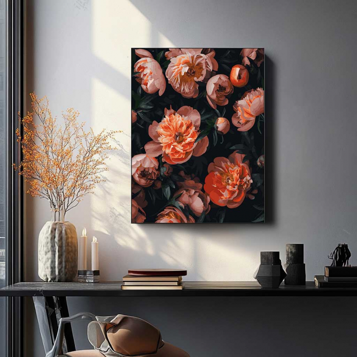 Set pictura pe numere, cu sasiu, Bujori 2 - canvas negru, 40x50 cm [3]