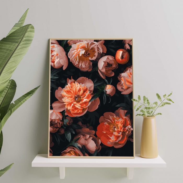 Set pictura pe numere, cu sasiu, Bujori 2 - canvas negru, 40x50 cm [4]