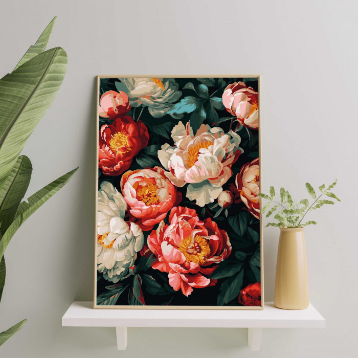 Set pictura pe numere, cu sasiu, Bujori 3 - canvas negru, 40x50 cm [3]