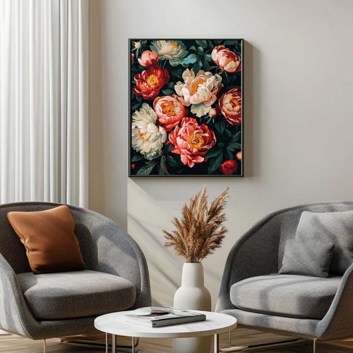 Set pictura pe numere, cu sasiu, Bujori 3 - canvas negru, 40x50 cm [4]