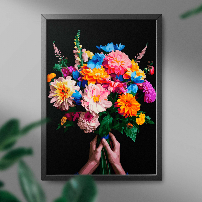 Set pictura pe numere, cu sasiu, Buchet colorat - canvas negru, 40x50 cm [3]