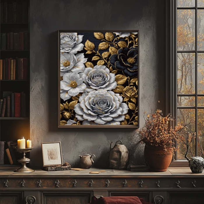Set pictura pe numere, cu sasiu, Trandafiri - culori aurii, 40x50 cm [3]