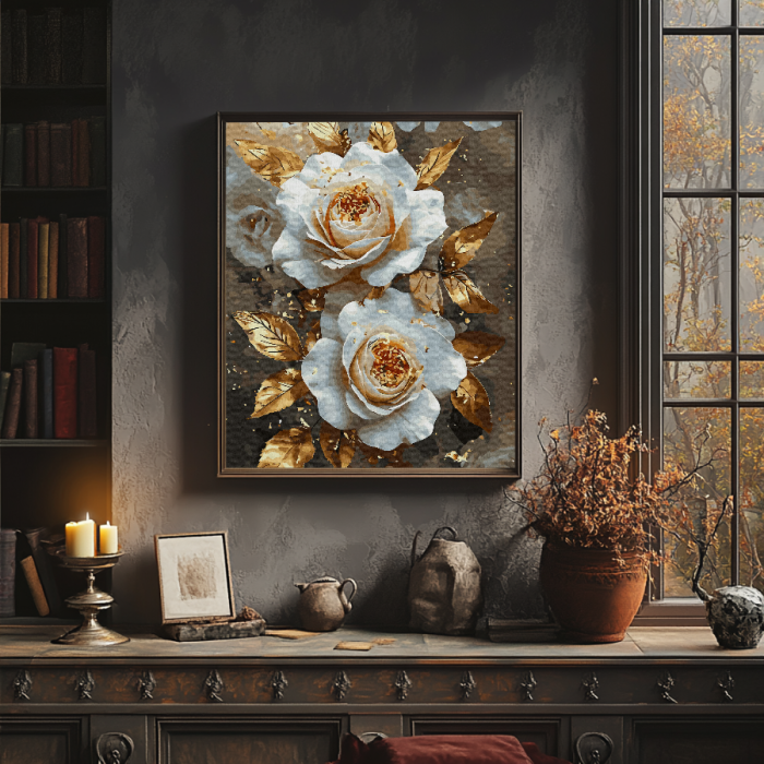 Set pictura pe numere, cu sasiu, Trandafiri aurii, 40x50 cm [3]