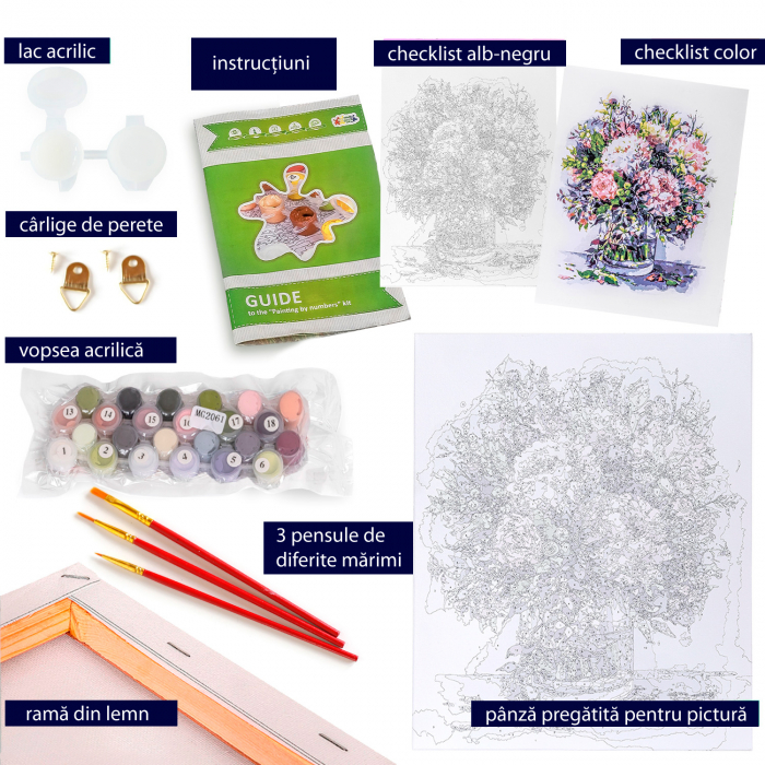 Set pictura pe numere, cu sasiu, Bujori in vaza 2 [7]