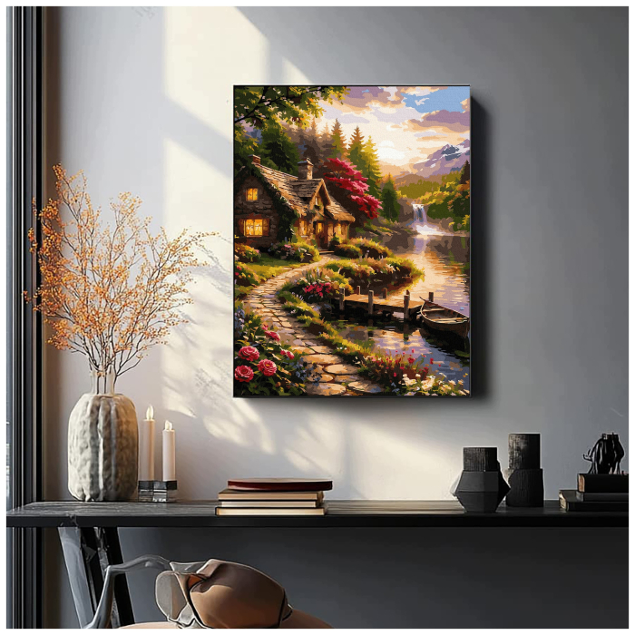 Set pictura pe numere, cu sasiu, Cabana la apus, 40x50 cm [4]