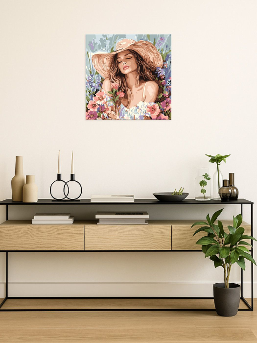 Set pictura pe numere, cu sasiu, Fata cu palarie printre flori, 40x40 cm [2]