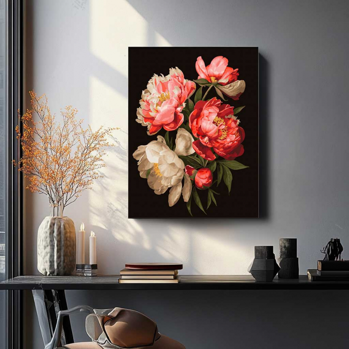 Set pictura pe numere, cu sasiu, Bujori 1 - canvas negru, 40x50 cm [3]