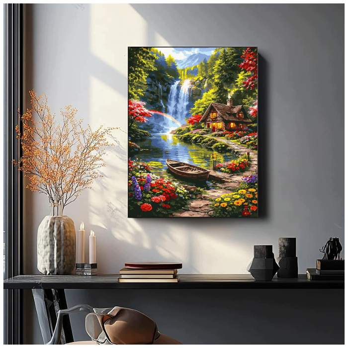 Set pictura pe numere, cu sasiu, Casa langa cascada, 40x50 cm [4]