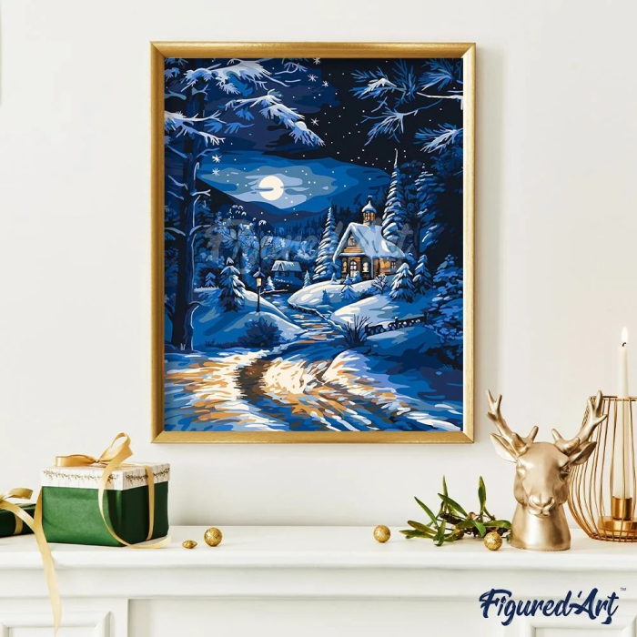 Set pictura pe numere, cu sasiu, Casuta in lumina lunii iarna, 40x50 cm [3]