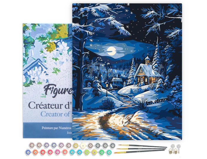 Set pictura pe numere, cu sasiu, Casuta in lumina lunii iarna, 40x50 cm [2]