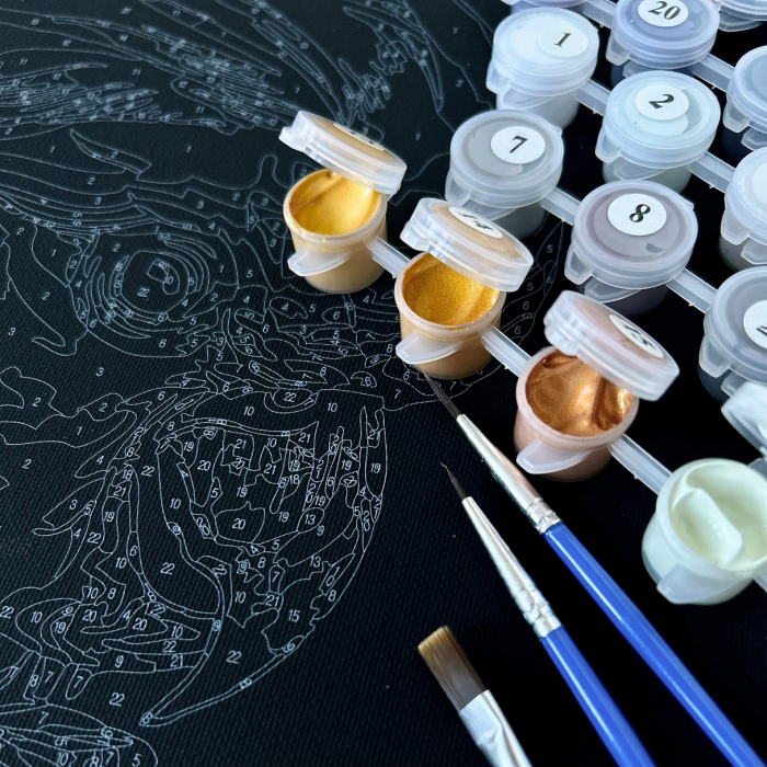 Set pictura pe numere, cu sasiu, Catelus aurit - canvas negru, 40x50 cm [6]