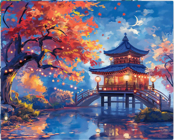 Set pictura pe numere, cu sasiu, Pagoda in noaptea de toamna, 40x50 cm [1]