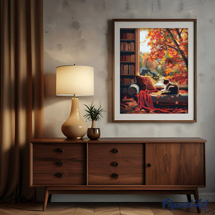 Set pictura pe numere, cu sasiu, Pisica si toamna, 40x50 cm [2]