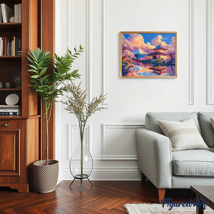 Set pictura pe numere, cu sasiu, Vedere cu templu si muntele Fuji, 40x50 cm [3]