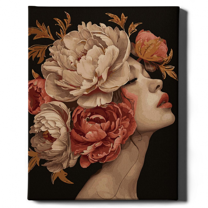Set pictura pe numere, cu sasiu, Fata cu bujori 2 - canvas negru, 40x50 cm [2]