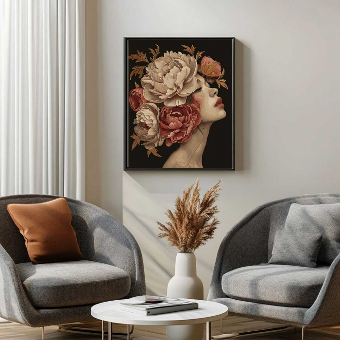 Set pictura pe numere, cu sasiu, Fata cu bujori 2 - canvas negru, 40x50 cm [4]
