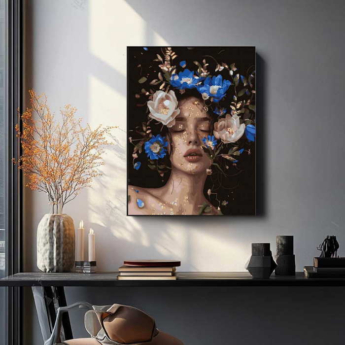 Set pictura pe numere, cu sasiu, Fata cu bujori 6 - canvas negru, 40x50 cm [4]
