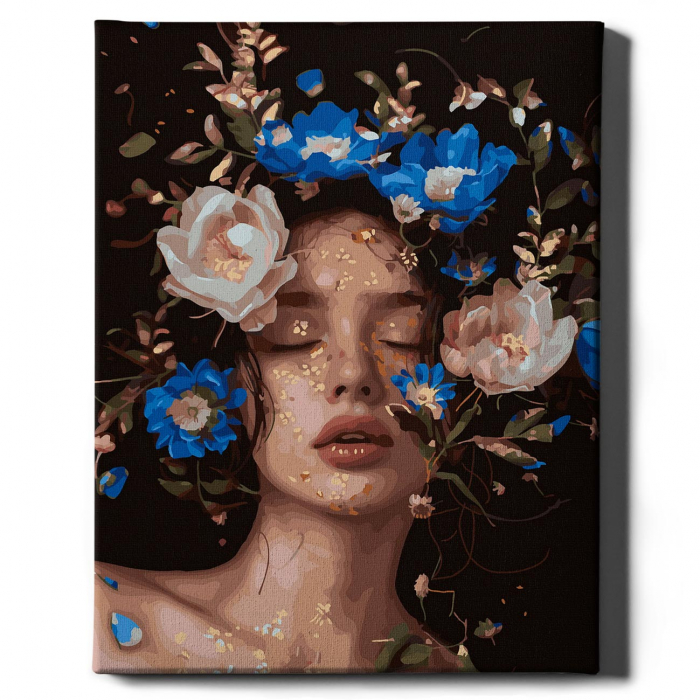 Set pictura pe numere, cu sasiu, Fata cu bujori 6 - canvas negru, 40x50 cm [2]