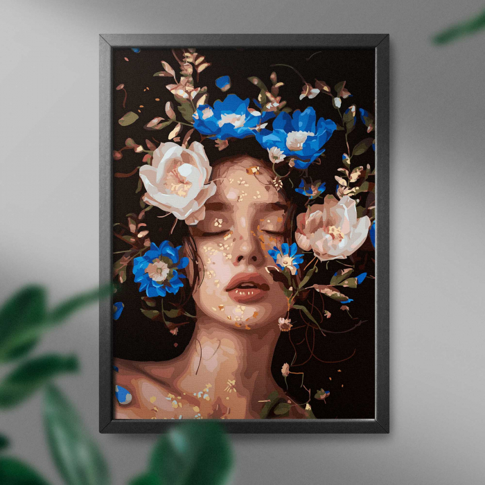Set pictura pe numere, cu sasiu, Fata cu bujori 6 - canvas negru, 40x50 cm [3]
